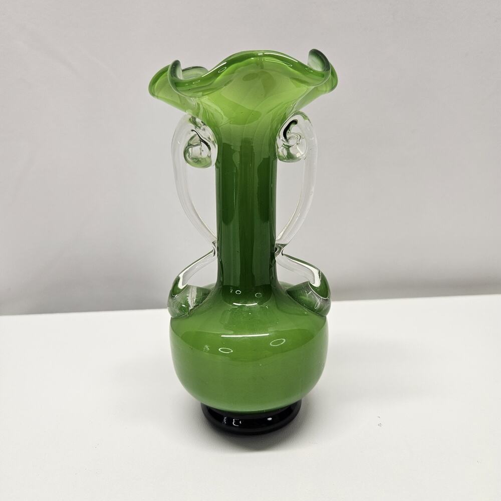 Vtg MCM Atomic Murano Style Art Glass Vase Hand Blown Spiraled Green Dbl Handles